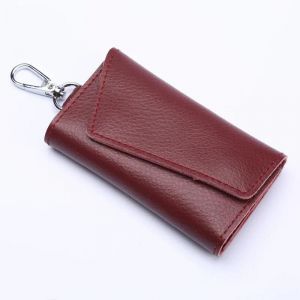 HUED-Porte-clés en cuir véritable pour hommes et femmes, pochette de rangement, portefeuille de clé de voiture fendu en vache, étui pour clés de femme de ménage, Mini sac pour cartes-Red wine - Neuf