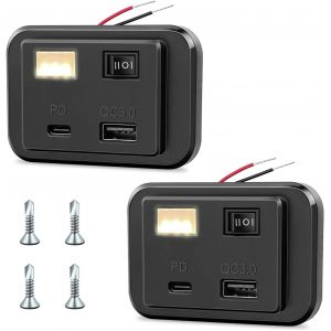 Lot De 2 Chargeurs De Voiture 12 V Usb Pd3.0 + Qc3.0 Avec Interrupteur Et Veilleuse Led, Prise D'Alimentation Usb Cc 12 V-26 V Pour Camping-Car, Moto, Bateau, Camion, Accessoire Marin - Neuf