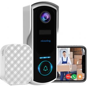 Sonnette Sans Fil Avec Camera, 2K Fhd Sonnette Sans Fil Exterieur Etanche, Détection Humaine Pir, Vision Nocturne Couleur, Message Vocal, Appel Vidéo, Ip67 Étanche, Support Cloud/Sd Et Alexa - Neuf