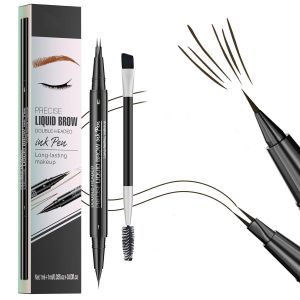 Crayon à sourcils microblading, crayon à sourcils, crayon à sourcils instantané 2 en 1 à double pointe, étanche, stylo à sourcils courbé 3D pour un effet naturel (#04 Noir Brun) - Neuf