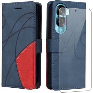 Kal-Coque Pour Honor 90 Lite 5g (6.7"" Inches) Avec 1 Pièces Protection Écran En Verre Trempé, Couleur Combinaison (Bleu Et Rouge) Pu Cuir Flip Portefeuille Housse Étui Pour Honor 90 Lite 5g - Neuf