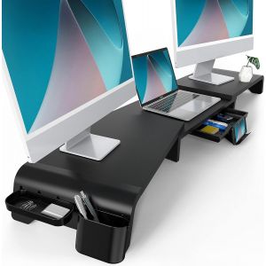 R&eacute;hausseur D'&Eacute;cran En Bois,Support De Moniteur R&eacute;glable,Support D'Ordinateur Portable,Pc,Tv,Imprimante - Pour 2 Moniteurs - Avec Tiroir De Rangement - Charge De 25Kg,75-119 X 23,5 X 8,9Cm - Neuf