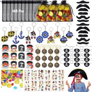 MEVRONISSHOP-168Pcs Cadeau Anniversaire Pirate Enfants, 12 x Sac, 48 Diamants & 36 Faux Moustache Tatouage Jouet F&ecirc;te, Kit Pirate Gar&ccedil;on - Neuf