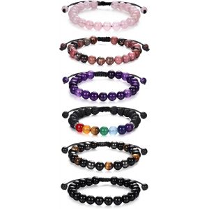 Kalsw-6 Pi&egrave;ces Bracelet Pierre Naturelle Homme Femme-Quartz Rose,Am&eacute;thyste,Onyx Noir,?il De Tigre-Perles Couples Stretch Bijoux - Neuf
