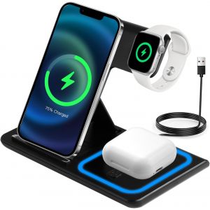 KALANKA-3 en 1 Chargeur &agrave; Induction Compatible avec iPhone 17/16/15/14/13/12 Pro Max,Chargeur sans Fil pour Apple Watch 10/9/8/7/6/SE/5/4/3, AirPods 2/3/4/Pro,Bureau Maison,Noir - Neuf
