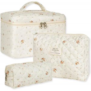 Lot De 3 Trousse De Toilette Femme, Trousse De Maquillage En Coton, Motif Floral Grand Capacité Trousse De Toilette Voyage, Trousse De Toilette Matelassée Cosmétique Pour Femme Fille - Neuf