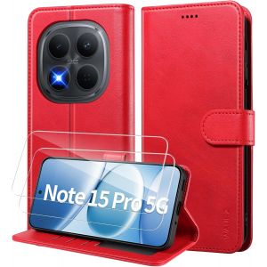 JGD-Coque pour Xiaomi Redmi Note 15 Pro 5G, Etui Coque avec 2 Verre Tremp&eacute; Porte Carte Clapet &agrave; Rabat Portefeuille Cuir Pochette Case Housse Protection Flip Cover &Eacute;tui,Rouge - Neuf