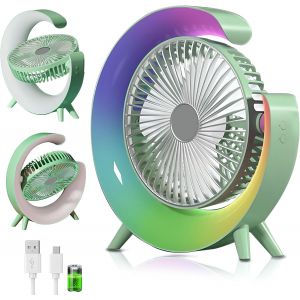 KALANKA-Portable Mini Ventilateur de Bureau, 360 Degrés Rotation, Petit Ventilateur Bureau 3 Vitesses, avec Lumière LED, pour La Chambre, bureau, domair, cuisine, pêche, Camping, Vert - Neuf