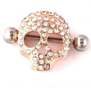 Piercing De Teton En Acier Inoxydable Anti-Allergie En Forme De Tete De Mort, Bijou Dore - Neuf