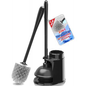 KAL-Brosse Toilettes Balai Wc Et Ventouse Noir Avec Support Et Pincettes Cachées, Kit De Nettoyage Robuste Pour Balayette Baignoire Évier Lavabo - Neuf