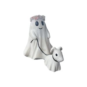 Ensemble de 2 figurines en r&eacute;sine repr&eacute;sentant un chien fant&ocirc;me promenant, id&eacute;al pour la d&eacute;coration d'Halloween. - Neuf