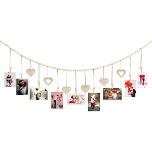 Pr&eacute;sentoir photo suspendu avec 9 pinces et perles en bois pour la d&eacute;coration murale et la mise en valeur d'?uvres d'art - Neuf