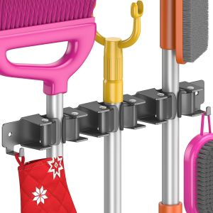 MEVRONISSHOP-Porte Balais Mural, Accroche Balai Mural avec 3 Supports et 2 Crochets, Support Balais Mural sans Percage, Attache Rangement Balai, Porte Outils de Jardin Mural, Noir - Neuf