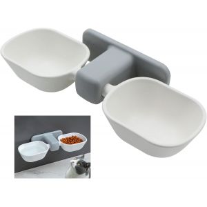 Gamelle Pour Chat Et Chien Surélevée 2 En 1 Avec Support Mural Sans Perçage, Bol Anti-Dérapant En Pp Alimentaire, Design Séparation Sèche/Humide, Facile À Nettoyer, Blanc, 29x13x7 Cm, 0,4 Kg - Neuf