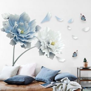 Stickers Muraux Fleur Blanc Bleu - AQSACOKIYA - Autocollants Muraux Grand Lotus Sticker Mural Fleurs Papillons pour Salons Chambres - Neuf