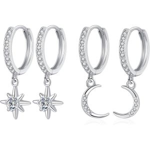 Kal-Boucles D'oreilles Créoles En Argent 925 Avec Pendentif, Boucles D'oreilles Pendantes En Argent Sterling 925 Avec Lune Et Étoile, Boucles D'oreilles Créoles Pendantes Pour Femme Et Fille - Neuf