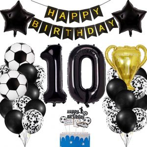 ERYI-Football Ballon Anniversaire 10 Ans, Deco Foot Anniversaire Noir, Ballon De Football Aluminium D&eacute;coration Gar&ccedil;on Avec G&acirc;teau Topper, Ballon H&eacute;lium Decoration 10&Egrave;me F&ecirc;te D'Anniversaire Enfant Gar - Neuf