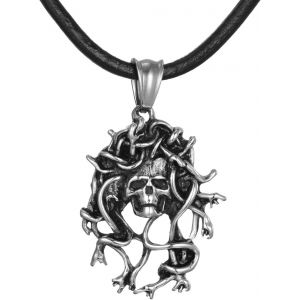 Kal-Collier Homme Cuir 50 Cm Pendentif T&ecirc;te De Mort Cr&acirc;ne Acier Inoxydable Dans Petit Sac &Agrave; Bijou - Neuf