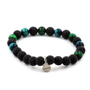 Bracelet Perles Oeil De Tigre Vert + Oeil De Tigre Bleu Clair + Lave 8 Fabriqu&eacute; En France. - Neuf