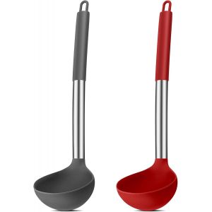 Kal-Lot De 2 Louches À Soupe En Silicone, Résistantes À La Chaleur, Avec Poignée En Acier Inoxydable, Grande Cuillère À Sauce De 30 Cm, Pour Cuisiner/Remuer/Servir, Saine Et Anti-Adhésive U2013 Gris - Neuf