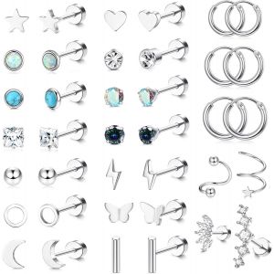 Kal-19paires Petites Boucles D'oreilles Femme Acier Chirurgical Helix Boucles D'oreilles Flatback Hypoallergénique Étoile Lune Cz Boucles D'oreilles Créoles Piercing Clou D'oreille Ensemble - Neuf