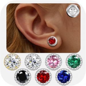 Kal-Boucles D'oreilles Femme Argent 925 -Boucles D'oreilles Rondes Avec Pierre De Naissance -Hypoallerg&eacute;niques Boucles D'oreilles Clous 8 Mm -Brillant Grandes Boucles D'oreilles Zirconium - Neuf