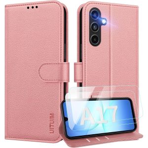 TRAHOO-Coque pour Samsung Galaxy A17 5G/4G Etui Portefeuille Pochette Cuir avec 2 Verre Tremp&eacute; Protection &Eacute;cran Porte Carte Rabat Clapet Flip Case Cover Housse &Eacute;tui pour Samsung A17 5G/4G,Rose - Neuf