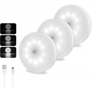 D&eacute;tecteur De Mouvement Lumi&egrave;re Blanc Froid Dimmable, 10 Leds, Usb Rechargeable, 0.5w Lampe Armoire Automatique Sans Fil, Magn&eacute;tique Pour Escalier Couloir, Lot De 3 - Neuf