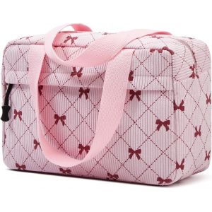 KALANKA-Grande trousse de toilette pour femme - Trousse de toilette de voyage - Trousse de maquillage en velours côtelé pour femme, N?ud rose - Neuf