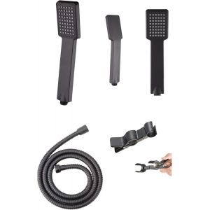 Pomme de douche noire avec tuyau de bain (1 mode carré petit argent/support 1,5 m) - Neuf