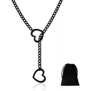 Jum-Collier Punk Rock En Forme De Coeur Pour Femme-Collier En Acier Inoxydable Avec Deux Coeurs Et Chaîne Cubaine Robuste-Chaîne Lariat Y Avec Coeur Locker - Neuf