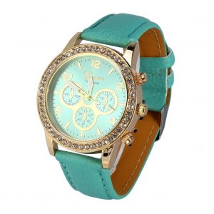 Femme &Agrave; La Mode Robe Pu Cuir Quartz Analogique Ronde Montre-Bracelet (Vert Menthe) - Neuf