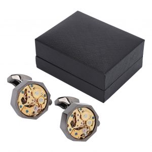 Lot De 2 Boutons De Manchette Pour Homme, Motif Mouvement De Montre, En Laiton Poli, Argente Et Noir, Pour Mariage, Reunion - Neuf