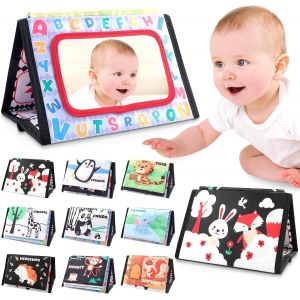 Tdrfl-Livre Noir Et Blanc Bébé,Livre Tissu Bébé Eveil Support Pliable,Miroir Bebe,Jeux D'eveil Bebe 0-6 Mois,Avec Un Son Bruissant,Envoyez Des Cadeaux De Jouets D'apprentissage Du Nouveau Né - Neuf