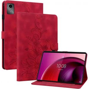 KAL-Coque Pour Lenovo Tab M11 2024 11 Pouces Mod&egrave;le Tb330Fu, Multi-Angles De Visualisation Housse De Protection En Similicuir Avec Porte-Carte Couverture Motif Lys, Rouge - Neuf