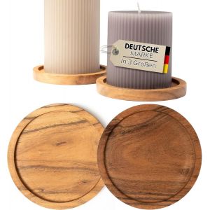 KALANKA-Lot de 2 soucoupes rondes en bois d'acacia pour bougies jusqu'à 10 cm de diamètre - Soucoupe ronde en bois pour bougies piliers, bougies de baptême, soucoupes, bougeoirs en bois - 9 cm et 10 - Neuf
