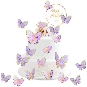 Décoration De Gâteau,21 Pièces 3d Papillon Cupcake Toppers,Cupcake Décoration,Collection De Figurines De Gâteau D'anniversaire,Rose Violet Avec Des Décorations De Gâteau En Acrylique - Neuf