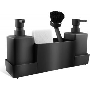 Bhhbb-Organisateur D'évier De Cuisine En Plastique Avec Distributeur De Liquide Vaisselle, Brosse Et Éponge À Vaisselle, Organisateur D'évier Avec Distributeur De Savon, Brosse Éponge, Noir - Neuf