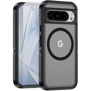 LORANKA-ESONG Magn&eacute;tique Mat Coque pour Google Pixel 9/9 Pro Compatible avec MagSafe,Case de Protection de qualit&eacute; Militaire Housse Rigide avec 1*Verre Tremp&eacute;,&Eacute;tui PC Dur Antichoc,Noir+Clair - Neuf