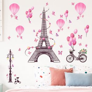 Stickers muraux Tour Eiffel avec lettres Paris et &eacute;l&eacute;ments d&eacute;coratifs, imperm&eacute;ables et repositionnables, 2 feuilles - Neuf