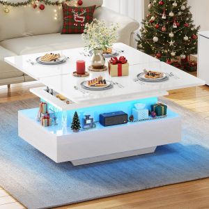 SUBZONAL-Table Basse Relevable Extensible, Haut Brillant Table de Salon avec LED Moderne et 2 Tiroirs, 4 en 1 Table Basse Transformable pour Le Salon - Neuf