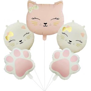 Lot De 5 Ballons D&eacute;coratifs &Agrave; L'h&eacute;lium - Ballons En Aluminium - Animaux - D&eacute;coration D'anniversaire Pour Fille - Taille Xxl - Ballons Chat - Rose Cr&egrave;me - Couronnes - Pour D&eacute;coration D'anniversaire - Neuf