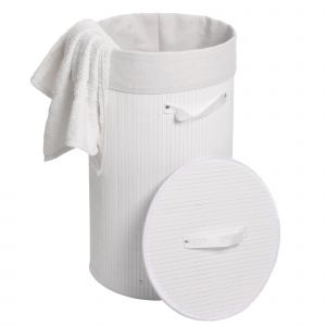 Panier &agrave; linge HWC-C21, panier &agrave; linge rond en bamboublanc, 59x35 cm, 50 L - Neuf