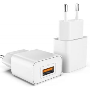 TRAHOO-2X Chargeur Rapide Secteur - Quick Charge 1 Port USB 18 Watt - Prise Murale EU Universelle pour par ex. Apple, Samsung, HTC, LG, Sony - Blanc - Neuf