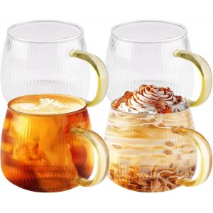 Lot De 4 Tasses À Latte Macchiato En Verre Avec Anse, Tasse À Café En Verre Transparent, Stries Verticales Tasse À Café Parfait Pour Le Café Au Latte, Cappuccino, Céréales, Lait - Neuf