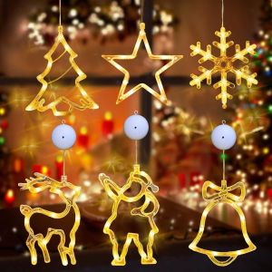 KAL-6 Pièces Lustre Ventouse De Noël,Guirlande Led Décoration Fenêtre De Noël,Rideau Lumineux Led Pour La Décoration De Noël,Décoration De Fenêtre,Alimentation Par Batterie - Neuf