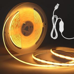 Chenquansarl-Ruban Led Cob Usb, 5v Bande Led 4 M&egrave;tres, Bandeau Lumineuse Led Blanc Chaud, Dimmable Haute Densit&eacute;, D&eacute;coupable Bande Led Pour Chambre, Tv R&eacute;tro&eacute;clairage, &Eacute;clairage Maison Diy - Neuf