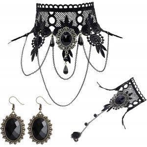 Collier Ras Du Cou Gothique Noir, Accessoires De Sorci&egrave;re Steampunk, Ensemble De Bijoux Gothiques Avec Bracelet Ras Du Cou En Dentelle, Boucles D'oreilles Pendantes Pour Femme, F&ecirc;te - Neuf