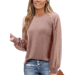 Utigh-Chemisier À Manches Longues En Dentelle Gaufrée Pour Femme - Col Rond - Élégant - Tenue Business - Neuf