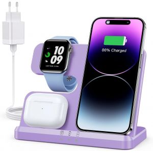 Chargeur Induction 3 En 1 Pour Iphone 15 14 13 12 11 Pro Max/Xr/8/Samsung, Station De Charge Pour Apple Watch 9/Ultra 2/Se/8/7/6/5/4, Base Chargeur Pour Airpods Pro/3/2 (Violet)[Gyc960342] - Neuf